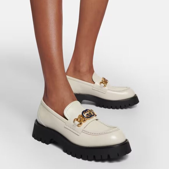 Gucci Women Jeanne Double GG Logo White Leather platform loafers - Picture 2 of 16
